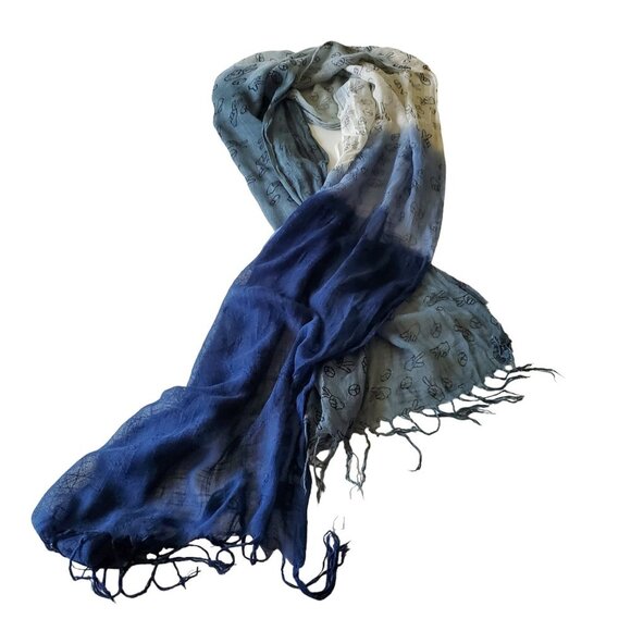 Beautiful Ombre Blue Peace Love 100% Viscose Fringed Scarf - Picture 2 of 13